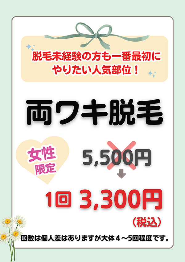 脱毛未経験の方も一番最初にやりたい人気部位！ 両ワキ脱毛<!-- 夏がくる前に！ 脇脱毛 -->
